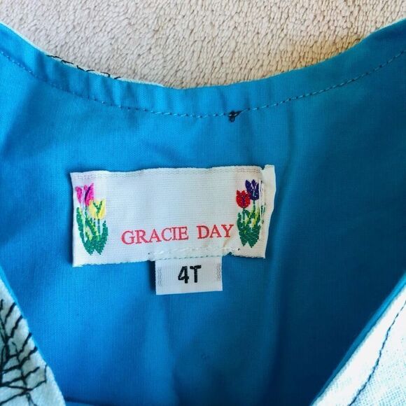 NWOT Gracie Day Little Girl’s Blue Floral Tank Button Tie Dress - Picture 3 of 8